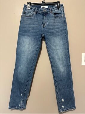KanCan Women's Straight Leg Jeans - Medium Blue Wash with Subtle Distressing